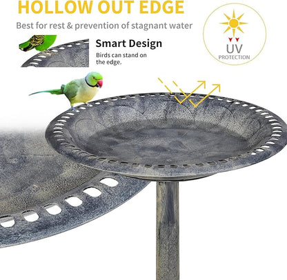 VECELO 28" Pedestal Outdoor Bird Bath for Outside, Vintage Bronze Polyresin Lightweight Antique, Yard/Garden Decoration, Gray