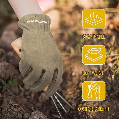 HANDLANDY Kids Genuine Leather Work Gloves for ages 3-11, Children Gardening Gloves for Boys, Girls (Medium (for age5-7), Khaki)