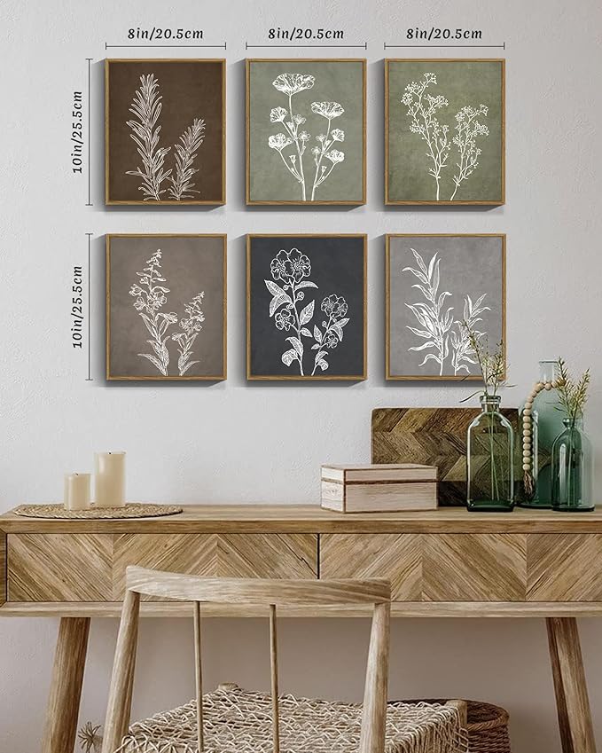 Drsoum Vintage Botanical Wall Art Framed Boho Wall Decor Wooded Minimalist Plant Print Modern Rustic Farmhouse Home Kitchen 8x10inx6pcs
