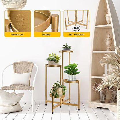 4 Tier Plant Stand Indoor Outdoor, 31 Inch Tall Metal Plant Shelf Waterproof, Plant Holder with Folding Design For Home, Living Room, New Upgrate Gold