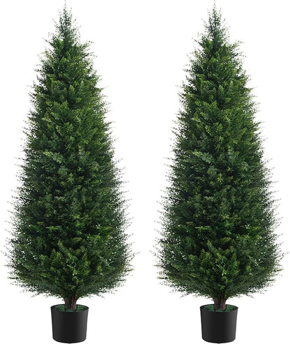 Two 5ft Artificial Plants Topairy Faux Cedar Trees for Outdoor Planters, 60IN Tall Fake Pine Bushes UV Resistant Large Potted Shrubs for Front Porch Décor