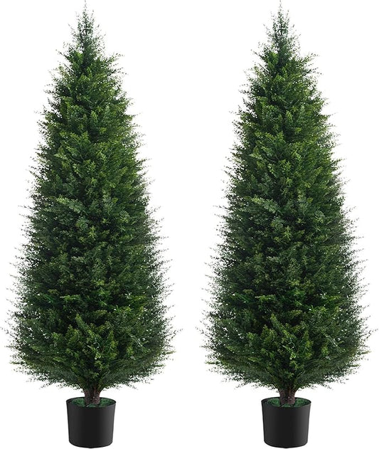 Two 5ft Artificial Plants Topairy Faux Cedar Trees for Outdoor Planters, 60IN Tall Fake Pine Bushes UV Resistant Large Potted Shrubs for Front Porch Décor