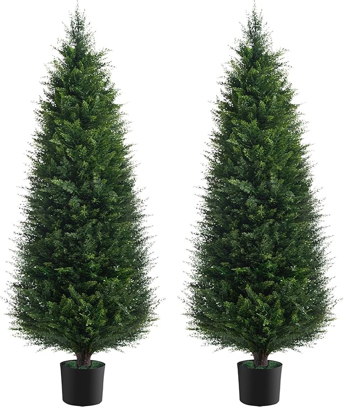 Two 6ft Artificial Plants Topairy Faux Cedar Trees for Outdoor Planters, 72IN Tall Fake Pine Bushes UV Resistant Large Potted Shrubs for Front Porch Décor