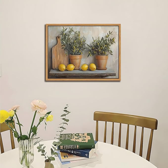 Floating Framed Vintage Kitchen Wall Art, Yellow Lemon Still Life Wall Decor Oil Paintings, Rustic Farmhouse Artwork Canvas Posters Prints Pictures for Living Room Bedroom Home Decor 12x16 Inch