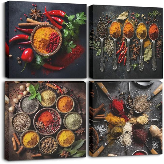 4 Pcs Kitchen Canvas Wall Art Framed Modern Spices and Seasonings Spoons Art Posters Retro Colorful Spice Pictures Wall Decor Canvas Decoration Artwork for Walls Home Dining room Deco