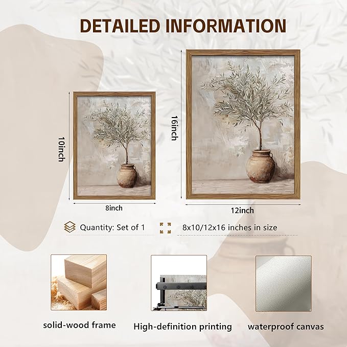 Vintage Olive Tree Framed Wall Art Prints, Modern Farmhouse Botanical Canvas, Rustic Potted Plant Paintings Wall Decor, Home Decor Aesthetic Pictures for Living Room Bedroom – 12x16 inch