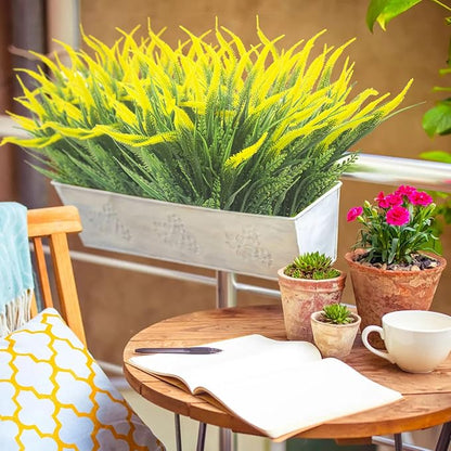 10 Bundles Artificial Plants Outdoor Fake Grass with Flowers UV Resistant Greenery Garden Porch Window Box Decorating (Yellow)