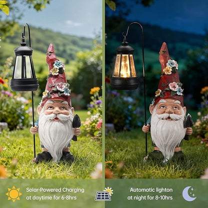Garden Gnomes Statue with Solar Lantern, Outdoor Gnome Decorations for Yard, Outdoor Figurine Ornament with LED Lights for Patio Lawn, Housewarming Birthday Gift for Women Mom Grandma Wife