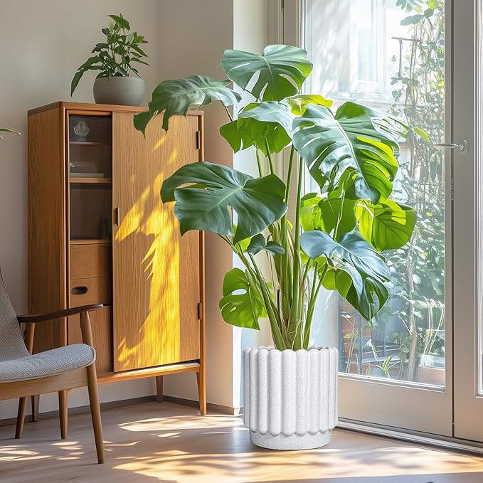 Ceramic Flower Pots - 12 Inch Plant Pot Indoor Outdoor, Fluted Large Ceramic Planters with Drainage Hole, Modern Round Planters, Apartment Decor, Plant Lover Gifts, White