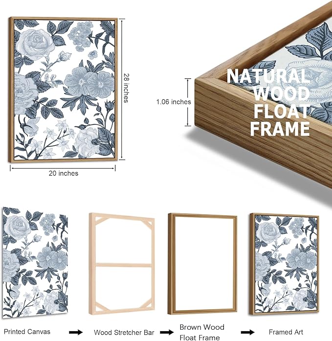 Large Framed Canvas Wall Art - Natural Float Framed Rustic Grey White Flowers Pictures Decor Gray Blue Leaves Artwork Prints for Bedroom Living Room Kitchen Home Office Decoration 60" X 28" Set of 3