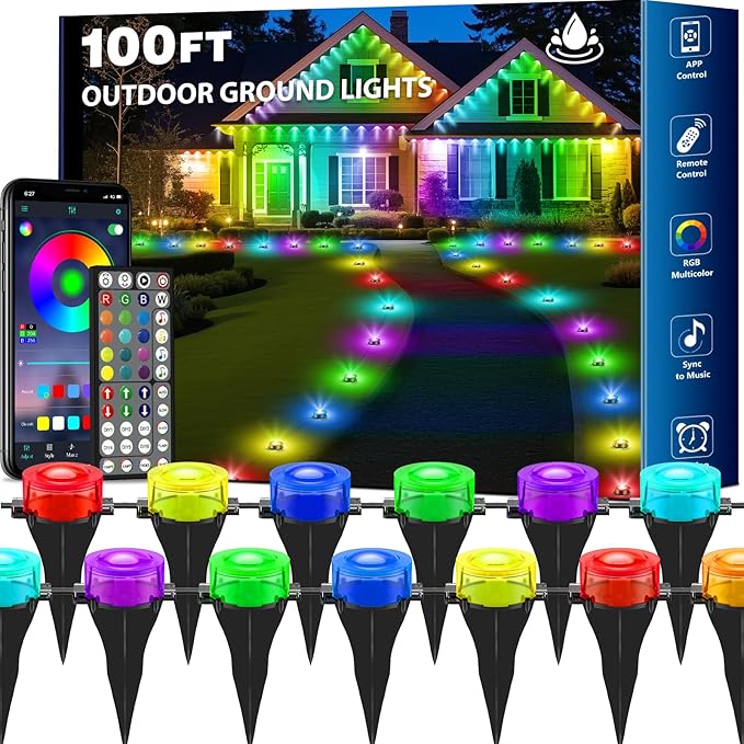 RGB Outdoor Ground Lights, 100Ft Color Changing Pathway Lights with Remote & App Control, Waterproof Walkway Lighting, Wired for Garden Yard Lawn Patio Best for Holiday Party