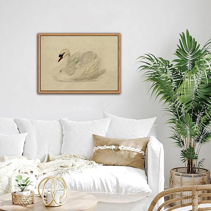 Floating Framed Vintage Wall Art Decor, Classical Swan Canvas Wall Prints, Rustic Sketch Watercolor Swan Poster Picture for Living Room Kitchen Bedroom Bathroom Farmhouse Decor 12x16 inch