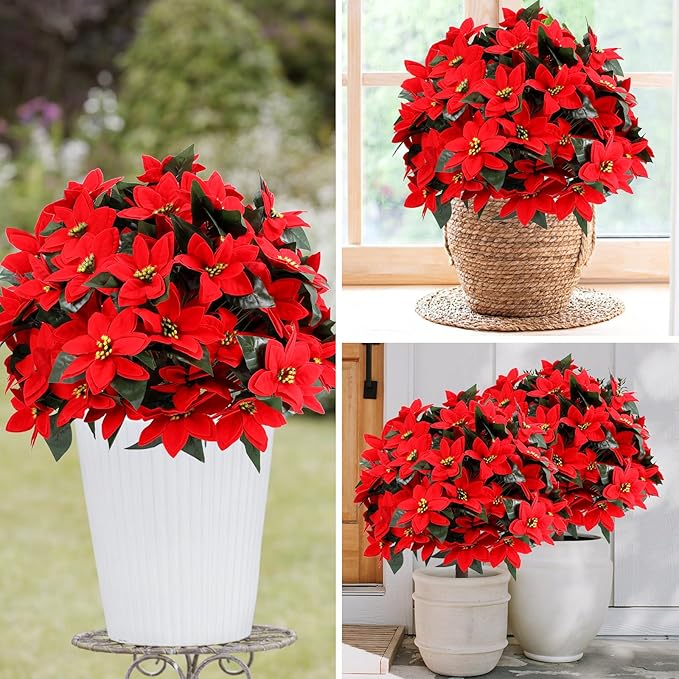 Artificial Poinsettia Topiary Ball Tree 27" with Ground Spike, Set of 2 Artificial Boxwood Bushes for Faux Shrubs, Fake Evergreen Faux Plant for Indoor Outdoor Porch Garden- UV Resistant – Fade-Proof