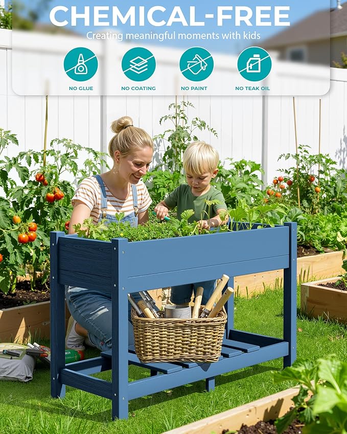 SERWALL Raised Garden Bed with Legs, 43"×17"×30" Large HDPE Elevated Planter Box for Vegetables Flower Herb Patio, All Weather Use- Blue