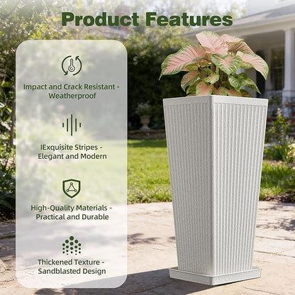 Square Tall Planters for Outdoor Plants Set of 2-23.6" Heavy-Duty Classic Tapered Indoor Flower Pots with Drainage Holes/Partition/Tray, Large Outdoor Planters for Porch Patio Garden, White