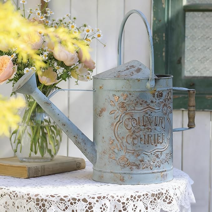 Vintage Metal Watering Can with Country Corner Floral Emboss & Wooden Handle Garden Distressed Blue Decorative Watering Pot Farmhouse Waterer for Home Garden Balcony Courtyard 2 Gallon