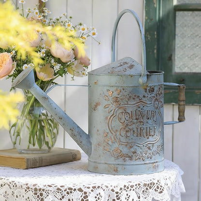 Vintage Metal Watering Can with Country Corner Floral Emboss & Wooden Handle Garden Distressed Blue Decorative Watering Pot Farmhouse Waterer for Home Garden Balcony Courtyard 2 Gallon