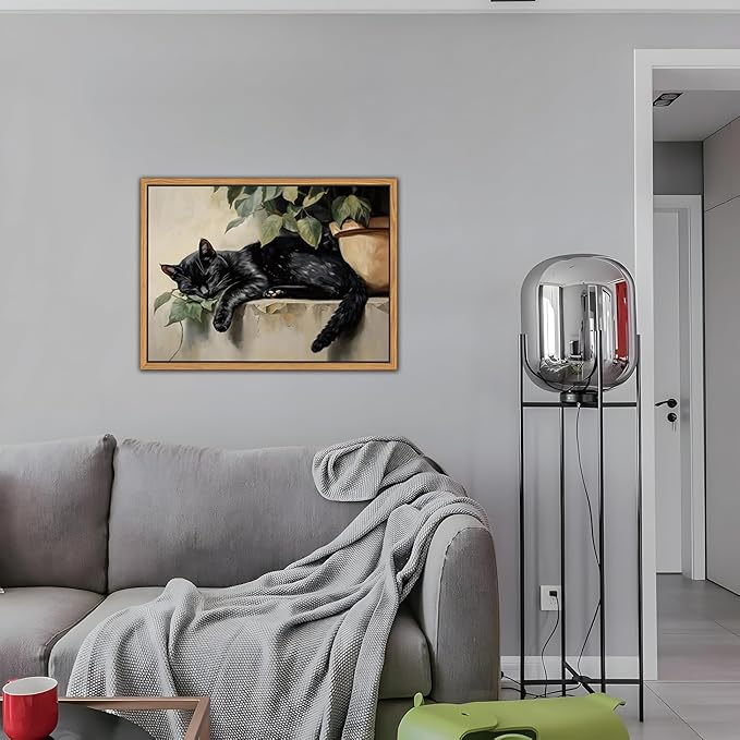 Floating Framed Black Cat Canvas Wall Art, Lazy Cute Cat Wall Decor Paintings, Vintage Animal Plant Prints Poster, Rustic Aesthetic Home Decor for Living room Bedroom Bathroom 12x16 inch