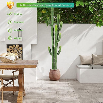UV-Resistant Artificial Fake Cactus Plants 7ft – Large Faux Cowboy Cactus for Indoor & Outdoor Home, Office, or Garden Decor