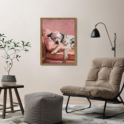 Vintage Framed Dalmatian Wall Art, Cute Dog Canvas Prints Home Decor, Pink Aesthetic Oil Painting, Dalmatian in Sleep Mask Picture Wall Decor for Bedroom Living Room Dormitory – 8x10 inch