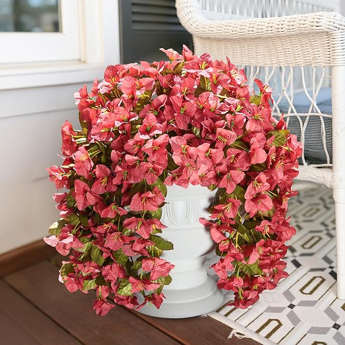 Bougainvillea Artificial Flowers Fake Plants for Outdoors Winter Decoration, 2 pcs Faux Long Trailing Vines UV Resistant Look Real Red Silk Flowers for Outside Planter Front Door Porch Urn Yard Patio