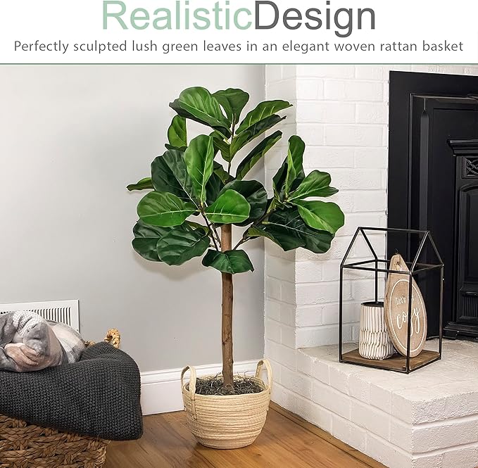 3ft Artificial Fiddle Leaf Fig Tree in Boho Woven Basket - Real Wood Trunk, Preassembled, No Maintenance Indoor Faux Plant - Living Room, Home & Office Decor