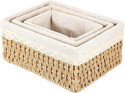 3pcs Woven Rattan Storage Basket for Desktop Organization Break-resistant Containers with Chic Beige Design for Home and Office Sundries Storage