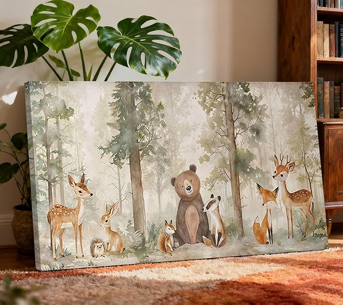 Large Frame Woodland Animal Nursery Canvas Wall Art Wild Animal Forest Painting Picture Wall Decor Fox Bear Deer Watercolor Poster Printing Artwork for Boys Room Girls Room Home Decoration 24x12"