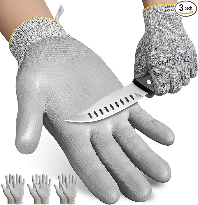 Dowellife 3 Pairs Level 5 Cut Resistant Work Gloves for Men and Women, PU Coated Breathable Gardening Gloves, Thin Flexible and Firm Grip for Mechanics and Fishing (Medium, Grey)