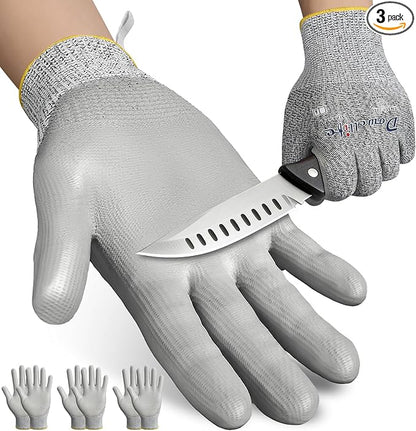 Dowellife 3 Pairs Level 5 Cut Resistant Work Gloves for Men and Women, PU Coated Breathable Gardening Gloves, Thin Flexible and Firm Grip for Mechanics and Fishing (Small, Grey)