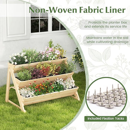 3-Tier Raised Garden Bed, Vertical Garden Planter w/Storage Shelf, Bed Liner & 2 Side Hooks, Wood Elevated Planter Box Outdoor for Plants Vegetables Flowers Herbs,Natural