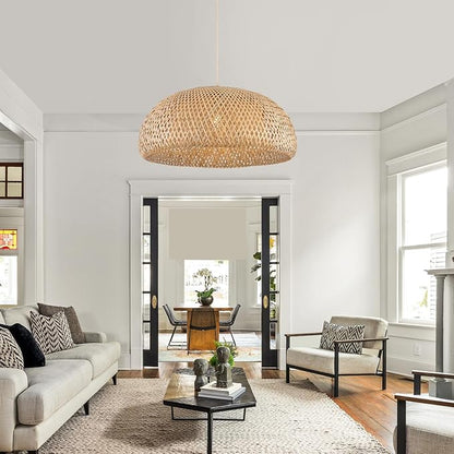 Bamboo Plug in Pendant Light with 14ft Handmade Woven Light Cord, Dimmable Switch, Rustic Basket X-Large Hanging Lamp for Bedroom Kitchen Island Dining Room Living Room, 23.6 inch Width