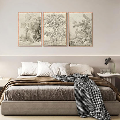 Ausril Vintage Sketchbook Forest Framed Canvas Wall Art Set, Neutral Minimalist Tree Wall Decor, Wilderness Illustration Wall Painting, Retro Botanical Art Print Living Room, Bedroom, Office-36"x24"x3