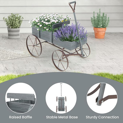 Goplus Wagon Planter, Decorative Wooden Garden Planter with Wheels, 2 Planting Sections and Adjustable Handle, Indoor Outdoor Backyard Balcony Decor (Gray)