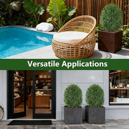 INSPRING 27'' Artificial Boxwood Topiary Trees Outdoor Fake Bushes Plants UV Resistant Evergreen Shrubs with Metal Ground Spike for Porch Patio Garden, 2 Pack