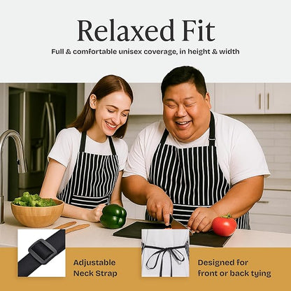 Will Well Kitchen Apron for Men and Women - 33" x 27" Oil-and-Water-Resistant with Adjustable Neck Strap and 38" Waist Ties for a Snug Fit, Lightweight with 2 Front Pockets - 2-Pack, Black