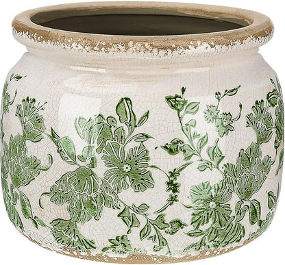4.7" Small Ceramic Plant Pot Beige Green Vintage Floral Crackle Glaze Rustic Flowers Pot Decorative Planter with Drainage for Indoor Outdoor Plants Home Kitchen Office Decor Gift