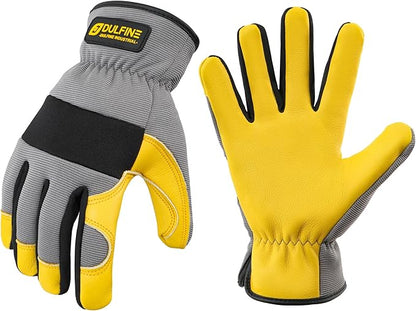 DULFINE Cow Leather Palm Mechanic Work Gloves for Men & Women,Flexible Breathable Fit-Padded Knuckles,Ideal for Construction Yardworks DIY