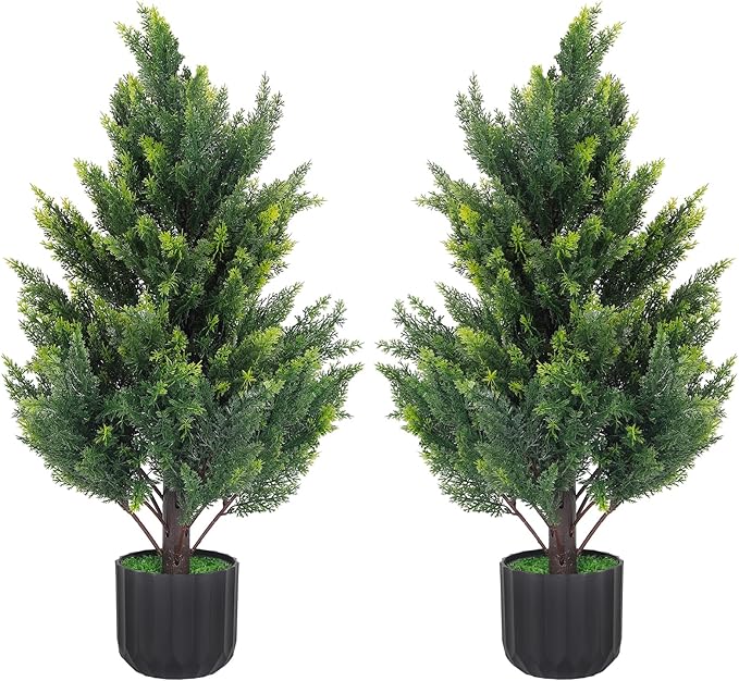 2.3FT Tall Artificial Cedar Topiary Trees Set of 2, Artificial UV Resistant Potted Plants, Faux Bushes Fake Shrubs for Outdoor Indoor Home Entryway Front Porch Garden Patio Offices Living Room Decor