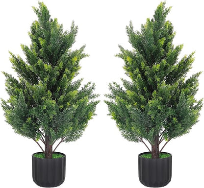 2.3FT Tall Artificial Cedar Topiary Trees Set of 2, Artificial UV Resistant Potted Plants, Faux Bushes Fake Shrubs for Outdoor Indoor Home Entryway Front Porch Garden Patio Offices Living Room Decor