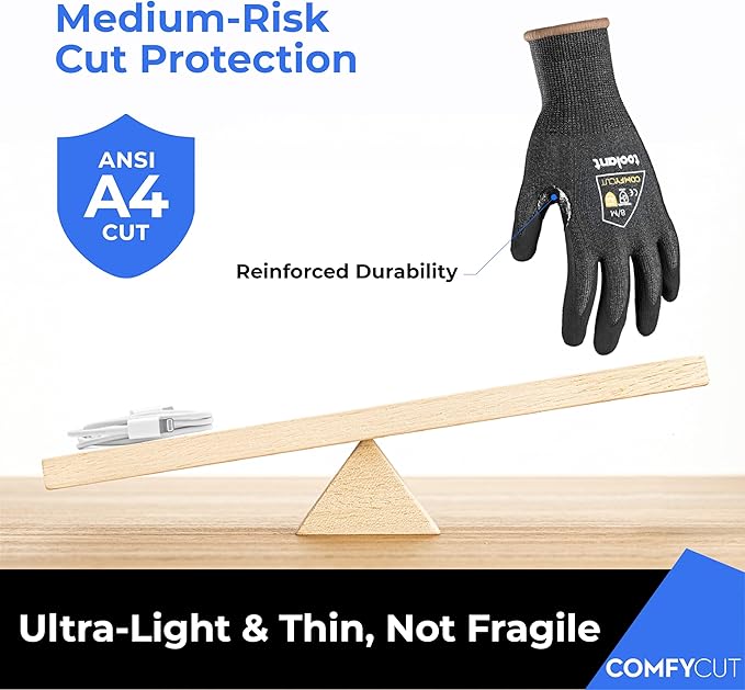 toolant ANSI A4 Cut Resistant Work Gloves without Steel & Fiberglass, Ultra Light Comfort & Proper Fit,for Mechanic,Gardening