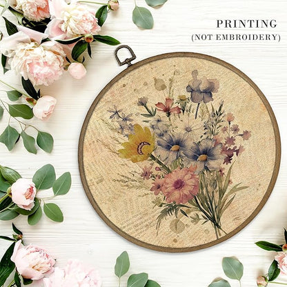MAQIKA Boho Floral Framed Wall Art Decor, Vintage Botanical Prints, Farmhouse Wildflower Round Wall Hanging Decor, Pink and Blue Flower Canvas Prints Wall Art for Girls Dorm Room Bedroom, 10x10 Inch
