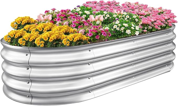 Sponvatt Raised Garden Bed - Outdoor Galvanized Raised Garden Bed Planter Boxes, Large Oval Metal for Gardening Planter Box Kit,Suitable for Vegetables,Herbs, and Flowers Silver (8x4x1 Ft)