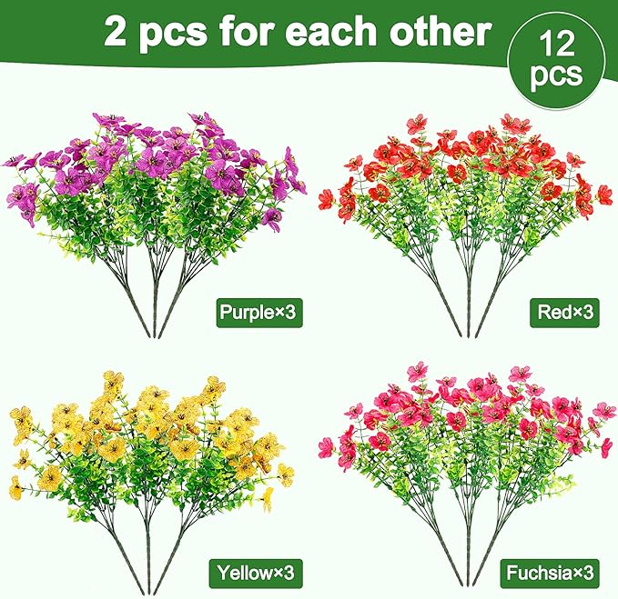 FGSAEOR 12 Bundles Artificial Flowers for Outdoor Indoor, Faux Flower Daisy with Eucalyptus Leaves Fake Plants Greenery, Garden Home Decor for Boxwood Porch Patio (Red/Pink/Purple/Yellow)