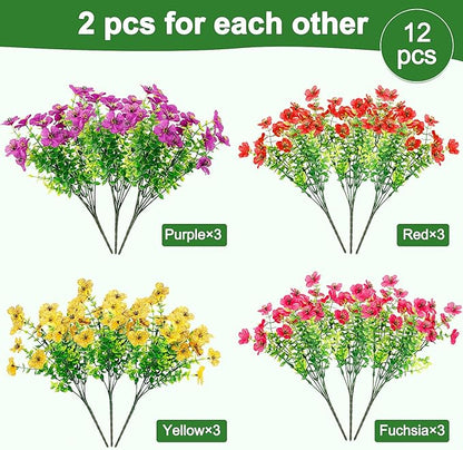 FGSAEOR 12 Bundles Artificial Flowers for Outdoor Indoor, Faux Flower Daisy with Eucalyptus Leaves Fake Plants Greenery, Garden Home Decor for Boxwood Porch Patio (Red/Pink/Purple/Yellow)