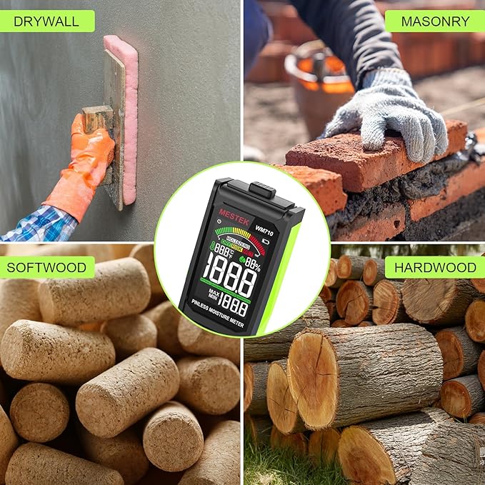 MESTEK Pinless Wood Moisture Meter - Digital Moisture Detector for Lumber Drywall Firewood Masonry Woodworking Plaster Floor Concrete Building, Moisture Reader and Tester with LCD Display & Audible