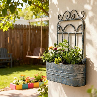 Rustic Metal Wall Planter Country Garden Wall Hanging Mount Vase Pocket Outdoor Vintage Hanging Pot Farmhouse Wall Decor for Plants Flowers (Blue)