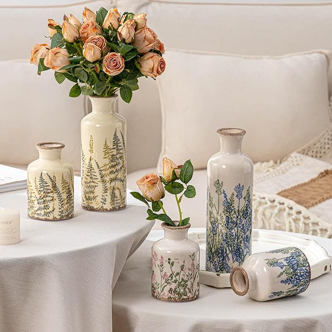 Ceramic Vase Set of 3, Vintage Green Floral Beige Vases, Rustic Chinoiserie Decorative Vases for Home Decor, Living Room, Kitchen, Wedding Gifts, Shelf Decor, Farmhouse Ceramic Vases for Home Decor