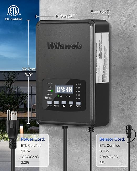 500W Low Voltage Landscape Transformer, Weatherproof Outdoor Low Voltage Transformer, 120V AC to 12/14V AC, Landscape Lighting Transformer with Timer and Photocell Sensor, ETL Listed D14LT06