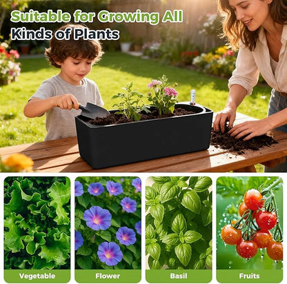 2 Pack Rectangular Self Watering Planter 15.6 x 5.4 in Window Sill Planters Indoor Rectangle Planter Self Watering Pots Plastic Plant pots with Drainage Holes Black Flower Pot (Black)